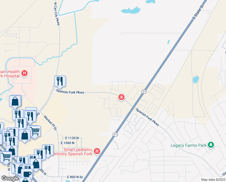 map of restaurants, bars, coffee shops, grocery stores, and more near 1526 Aspen Grove Drive in Spanish Fork