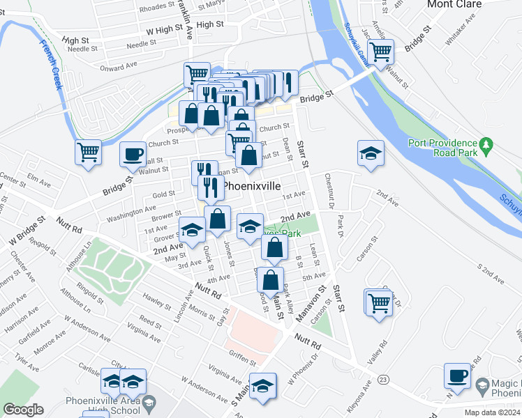 map of restaurants, bars, coffee shops, grocery stores, and more near in Phoenixville