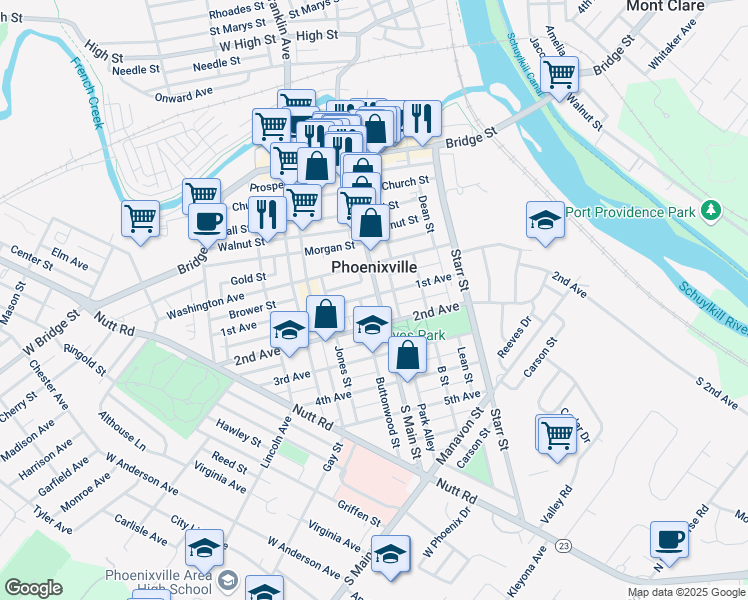 map of restaurants, bars, coffee shops, grocery stores, and more near in Phoenixville