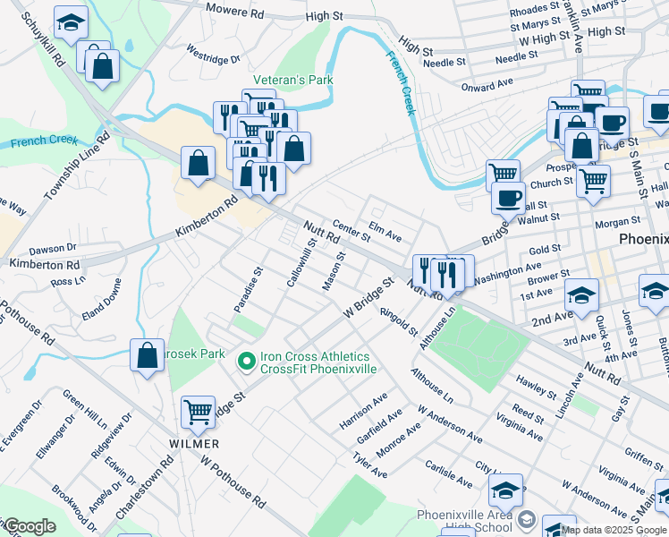 map of restaurants, bars, coffee shops, grocery stores, and more near 61 Pennsylvania Avenue in Phoenixville