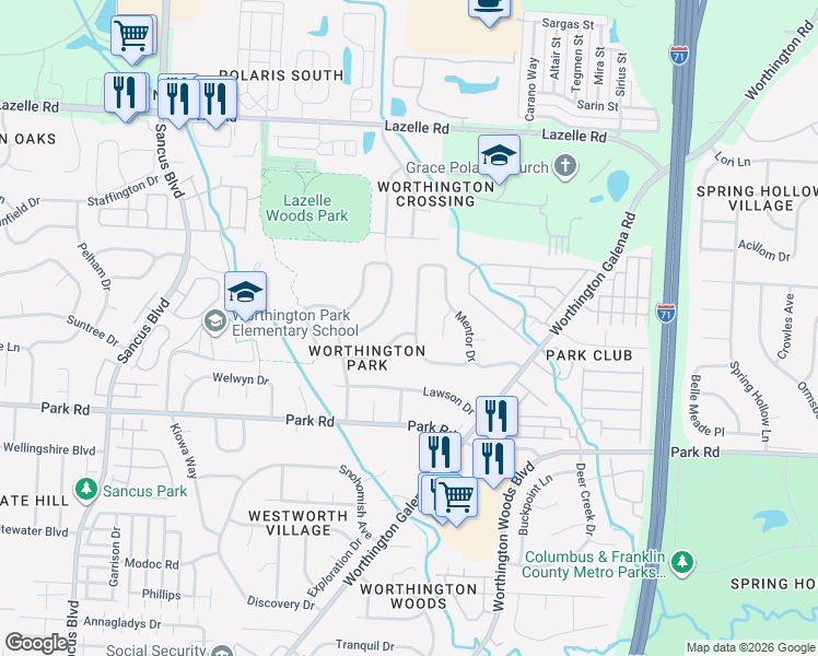 map of restaurants, bars, coffee shops, grocery stores, and more near 7968 Schoolside Drive in Westerville