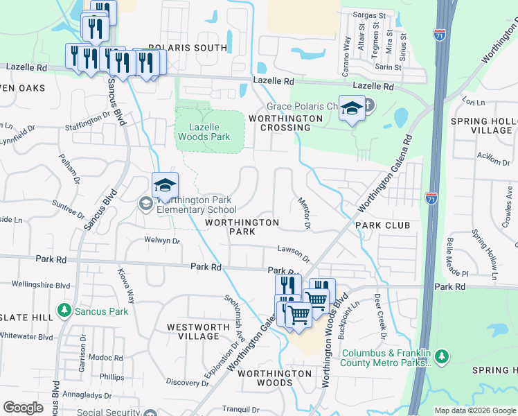 map of restaurants, bars, coffee shops, grocery stores, and more near 7998 Lazelle Woods Drive in Westerville