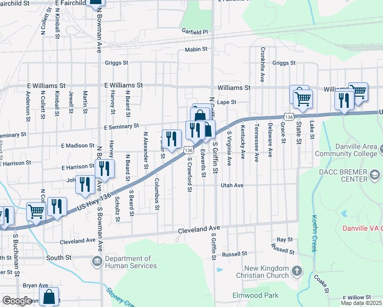 map of restaurants, bars, coffee shops, grocery stores, and more near 1207-1209 East Main Street in Danville