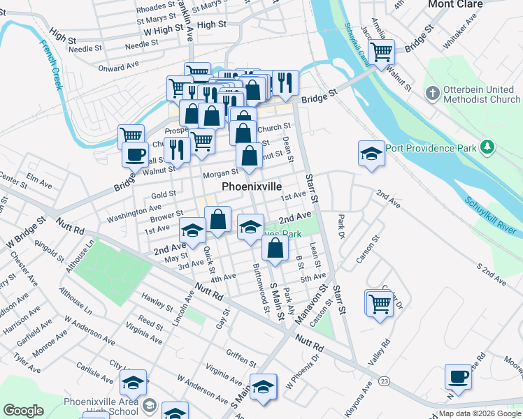 map of restaurants, bars, coffee shops, grocery stores, and more near in Phoenixville