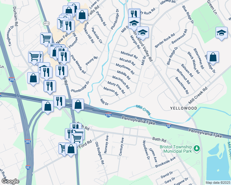 map of restaurants, bars, coffee shops, grocery stores, and more near 18 Maroon Road in Levittown