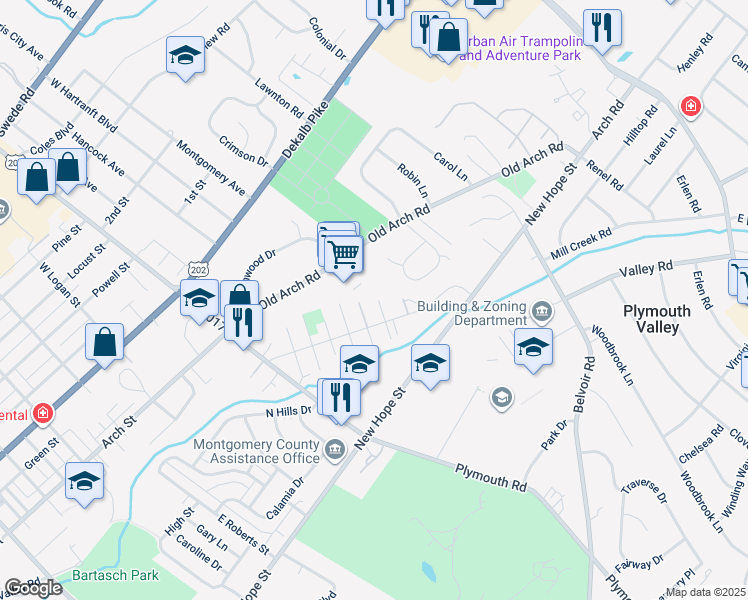 map of restaurants, bars, coffee shops, grocery stores, and more near in Norristown