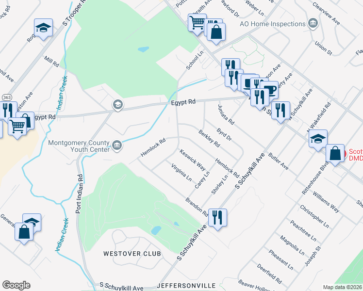 map of restaurants, bars, coffee shops, grocery stores, and more near 202 School Lane in Eagleville