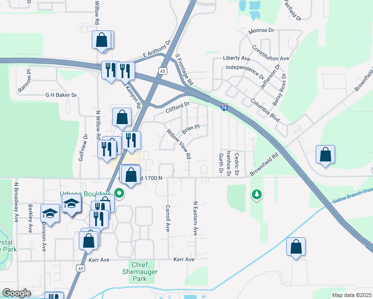 map of restaurants, bars, coffee shops, grocery stores, and more near 1303 Christopher Circle in Urbana