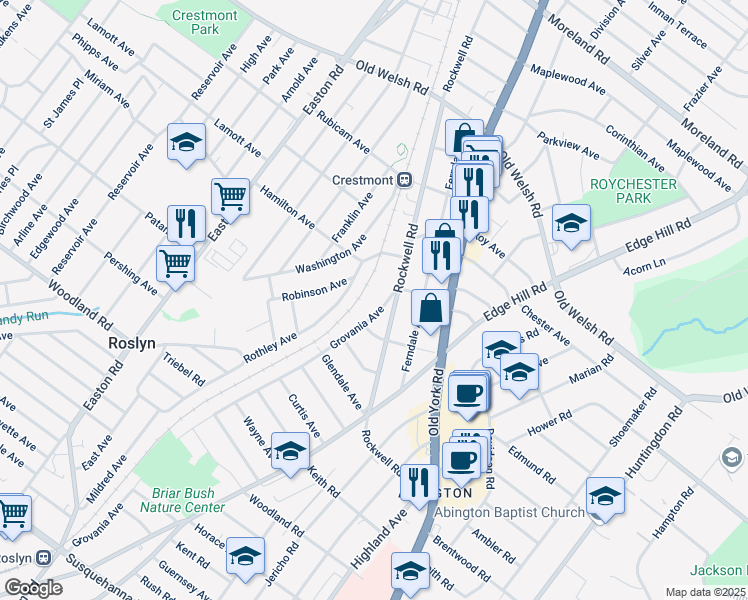 map of restaurants, bars, coffee shops, grocery stores, and more near 1570 Grovania Avenue in Abington