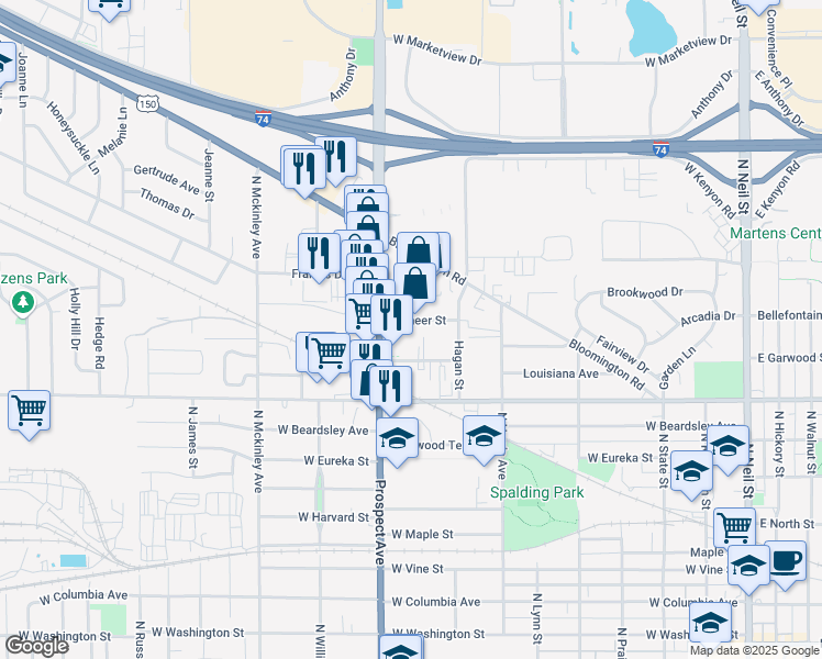 map of restaurants, bars, coffee shops, grocery stores, and more near 811 Pioneer Street in Champaign