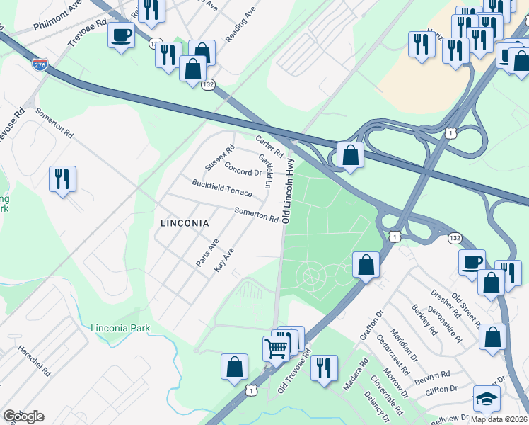 map of restaurants, bars, coffee shops, grocery stores, and more near 4308 Buckfield Terrace in Bucks County