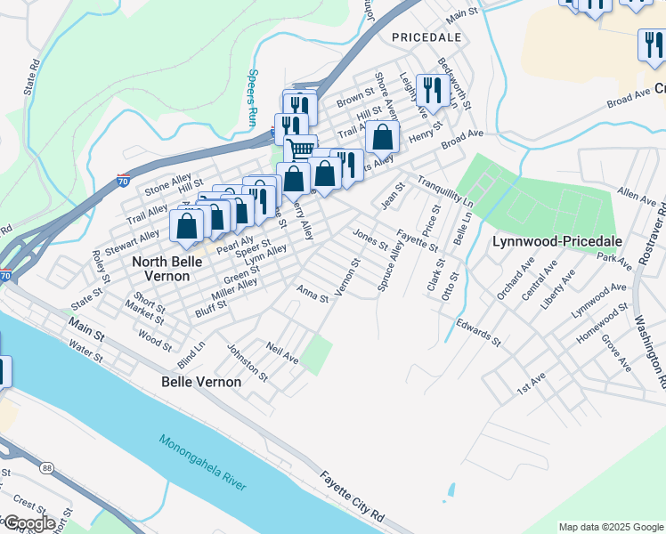 map of restaurants, bars, coffee shops, grocery stores, and more near 382 Fell Street in Belle Vernon