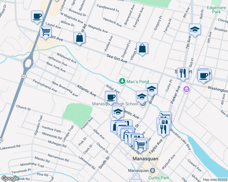 map of restaurants, bars, coffee shops, grocery stores, and more near 37 Newark Avenue in Manasquan