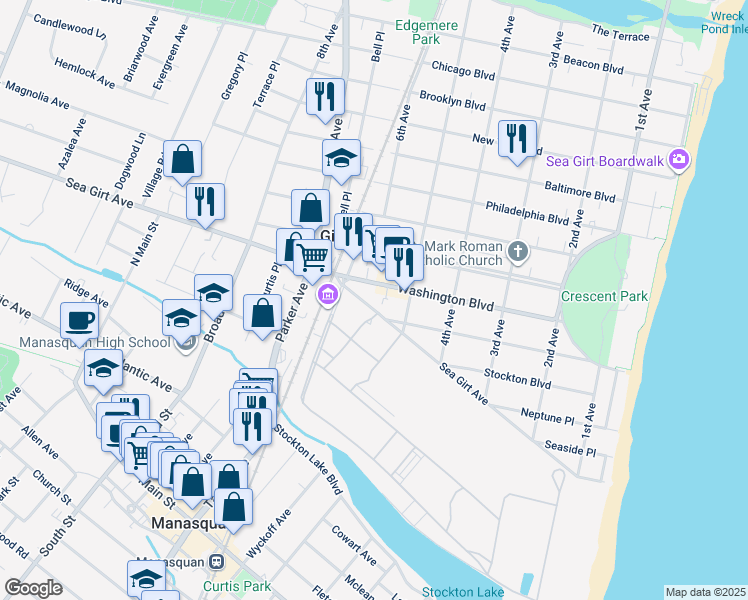 map of restaurants, bars, coffee shops, grocery stores, and more near 515 Sea Girt Avenue in Sea Girt