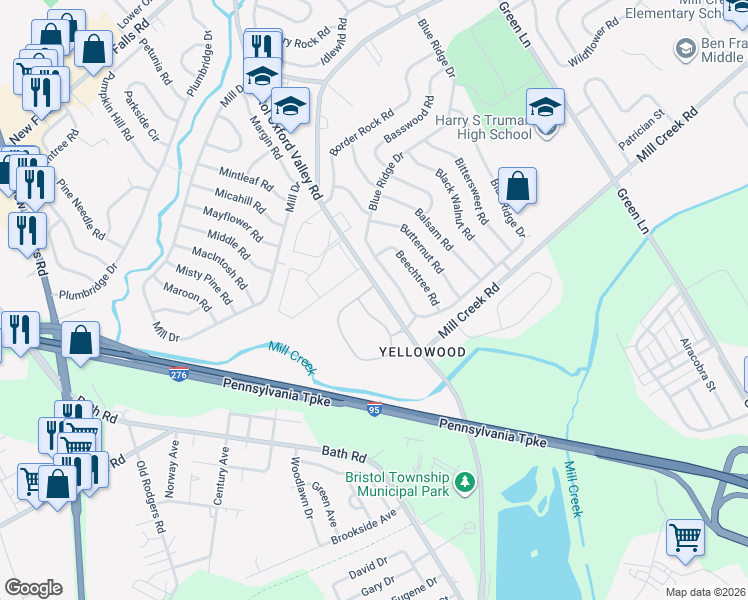 map of restaurants, bars, coffee shops, grocery stores, and more near 285 Juanita Court in Levittown