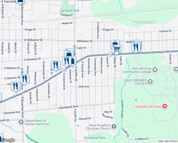 map of restaurants, bars, coffee shops, grocery stores, and more near Nevada Avenue in Danville