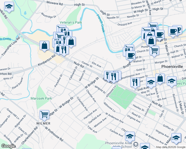map of restaurants, bars, coffee shops, grocery stores, and more near 522 Nutt Road in Phoenixville