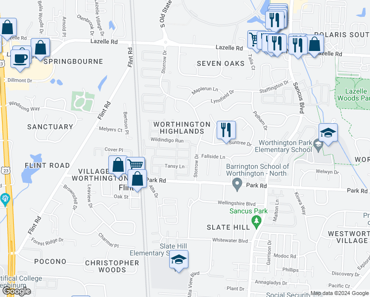 map of restaurants, bars, coffee shops, grocery stores, and more near 616 Heatherbrooke Way in Westerville