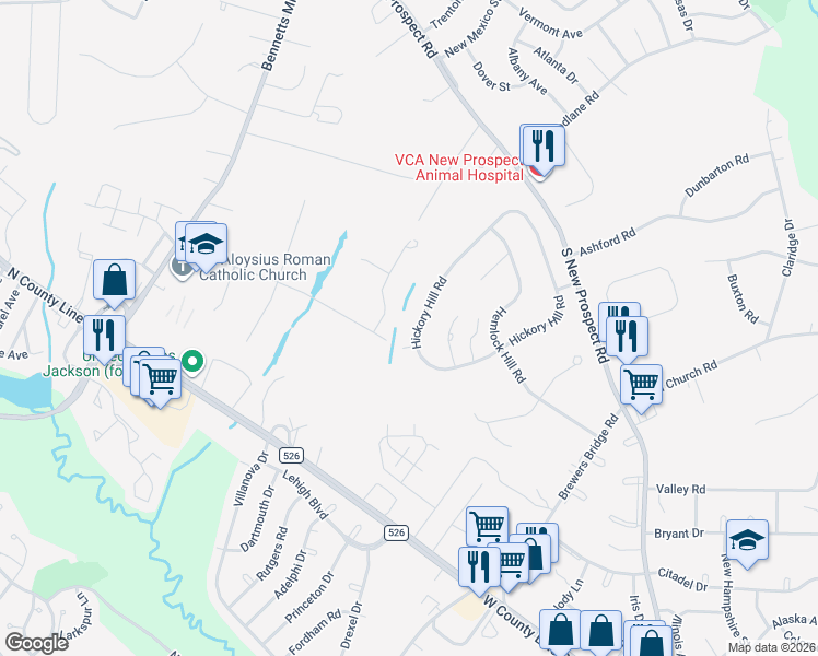 map of restaurants, bars, coffee shops, grocery stores, and more near 55 Hickory Hill Road in Jackson Township