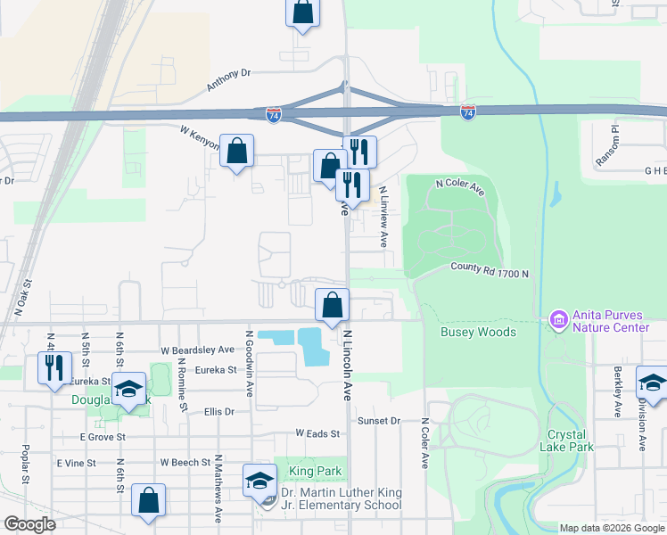 map of restaurants, bars, coffee shops, grocery stores, and more near 1802 North Lincoln Avenue in Urbana