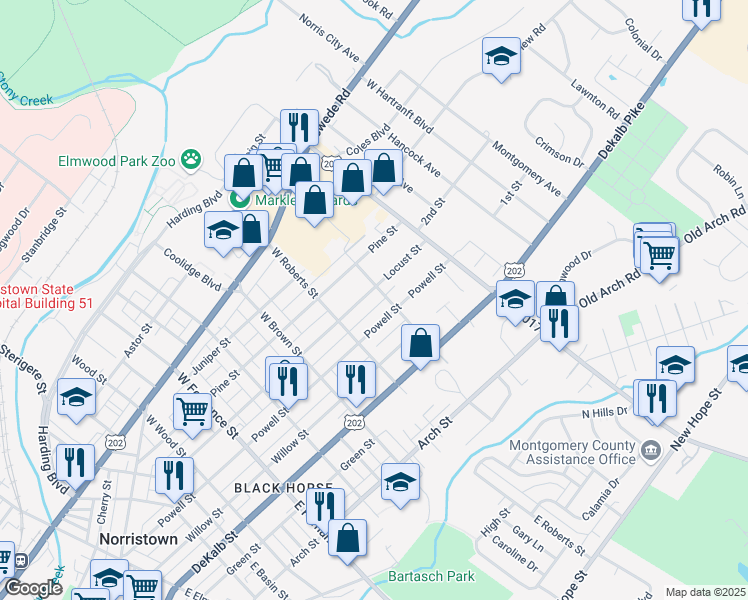 map of restaurants, bars, coffee shops, grocery stores, and more near 1740 Locust St in Norristown