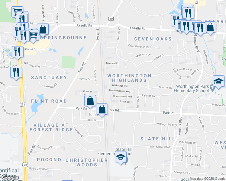 map of restaurants, bars, coffee shops, grocery stores, and more near 497 Heatherbrooke Way in Westerville