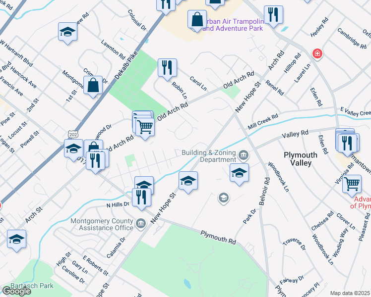 map of restaurants, bars, coffee shops, grocery stores, and more near 450 Saw Mill Court in Norristown