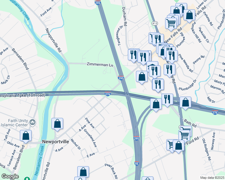 map of restaurants, bars, coffee shops, grocery stores, and more near 3021 New Falls Road in Levittown