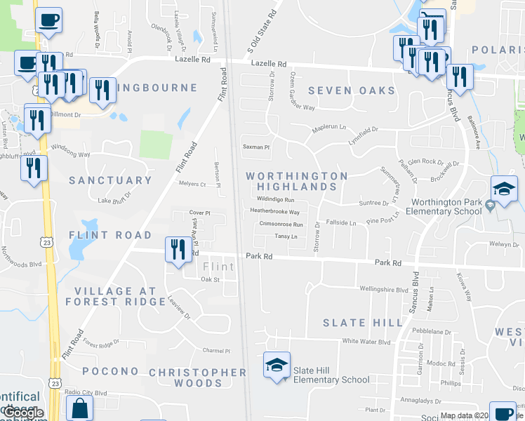 map of restaurants, bars, coffee shops, grocery stores, and more near 508 Heatherbrooke Way in Westerville
