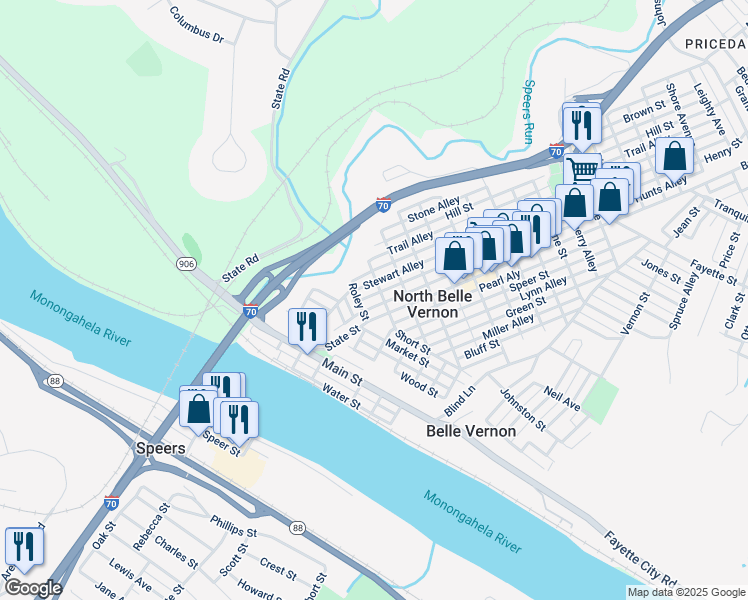 map of restaurants, bars, coffee shops, grocery stores, and more near 210 Henry Street in Belle Vernon