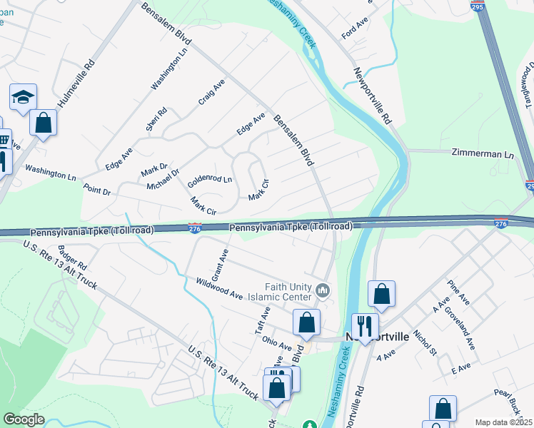 map of restaurants, bars, coffee shops, grocery stores, and more near 6137 Clearview Avenue in Bensalem