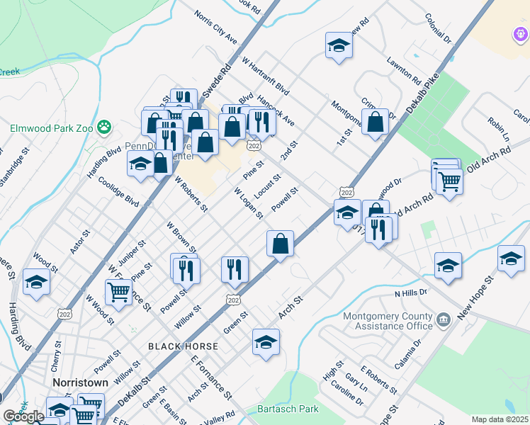 map of restaurants, bars, coffee shops, grocery stores, and more near 1805 Powell Street in Norristown
