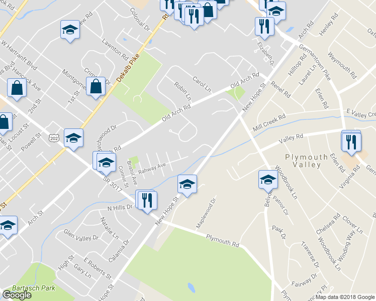 map of restaurants, bars, coffee shops, grocery stores, and more near 450 Saw Mill Court in Norristown