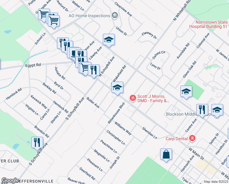 map of restaurants, bars, coffee shops, grocery stores, and more near 1803 West Main Street in Norristown