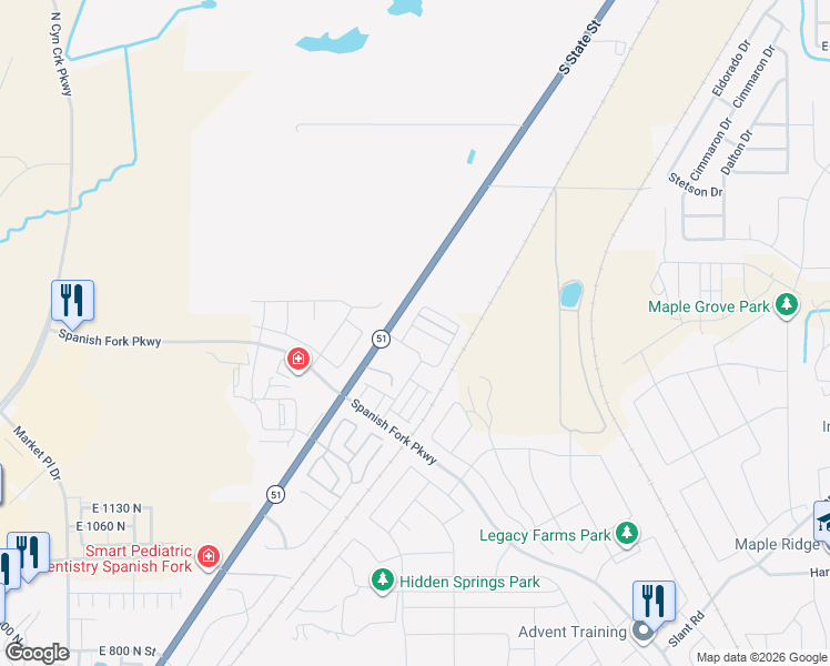 map of restaurants, bars, coffee shops, grocery stores, and more near 2955 South State Street in Springville