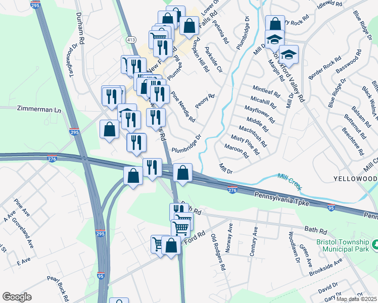 map of restaurants, bars, coffee shops, grocery stores, and more near 22 Plumbridge Drive in Levittown