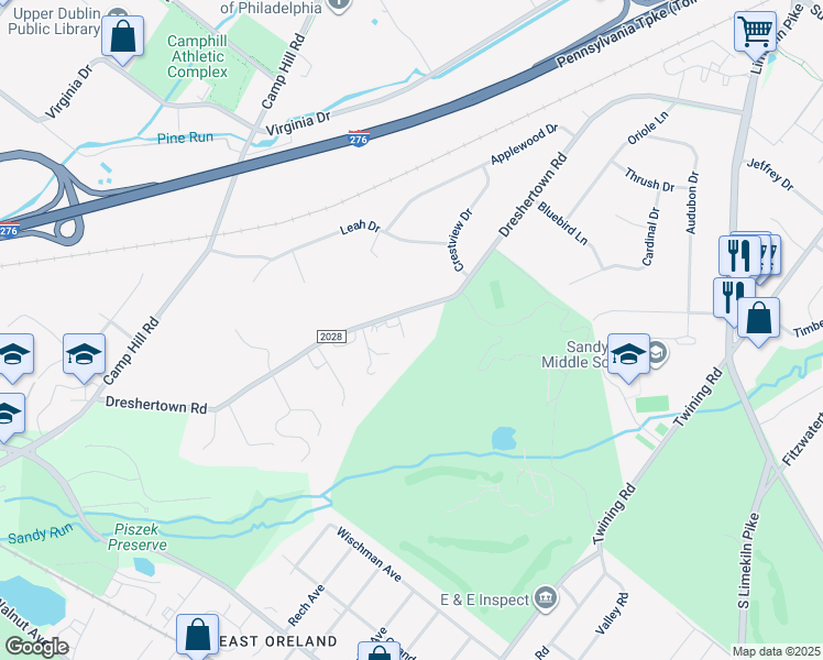 map of restaurants, bars, coffee shops, grocery stores, and more near 465 Dreshertown Road in Fort Washington