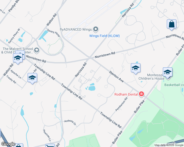 map of restaurants, bars, coffee shops, grocery stores, and more near 36 Yorktown Court in Blue Bell