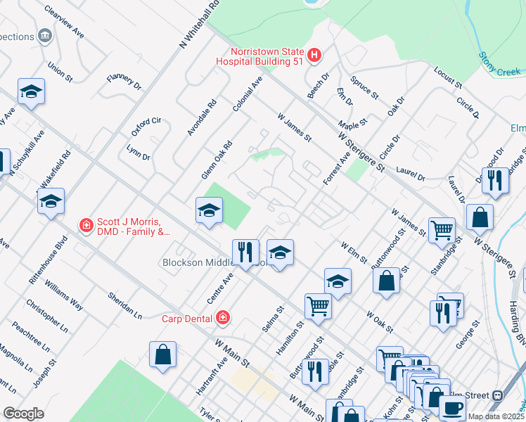 map of restaurants, bars, coffee shops, grocery stores, and more near 311 Wendover Drive in Eagleville