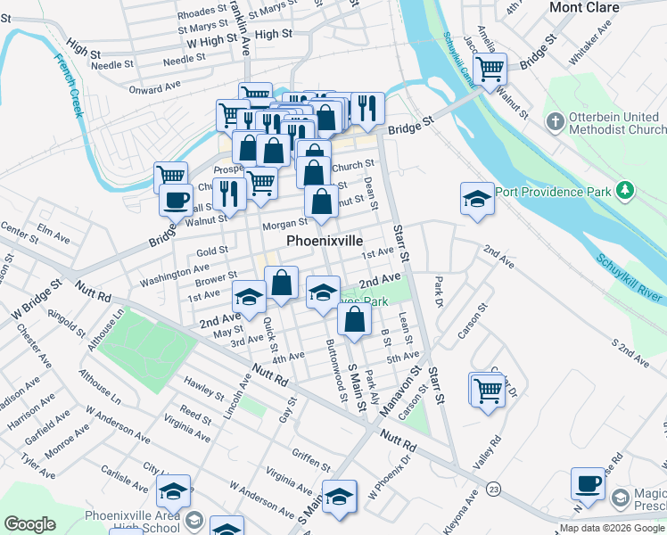map of restaurants, bars, coffee shops, grocery stores, and more near in Phoenixville