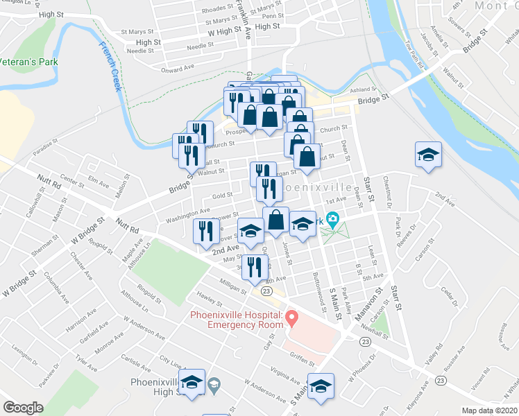 map of restaurants, bars, coffee shops, grocery stores, and more near 213 Gay Street in Phoenixville