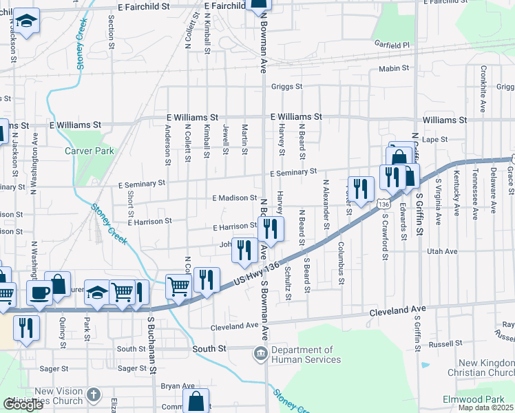 map of restaurants, bars, coffee shops, grocery stores, and more near 214-298 North Bowman Avenue in Danville