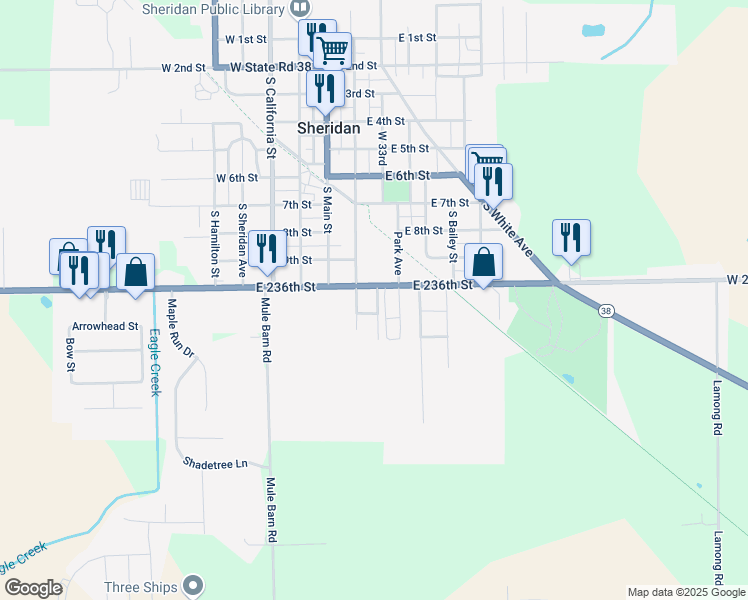 map of restaurants, bars, coffee shops, grocery stores, and more near 1004 Adams Street in Sheridan