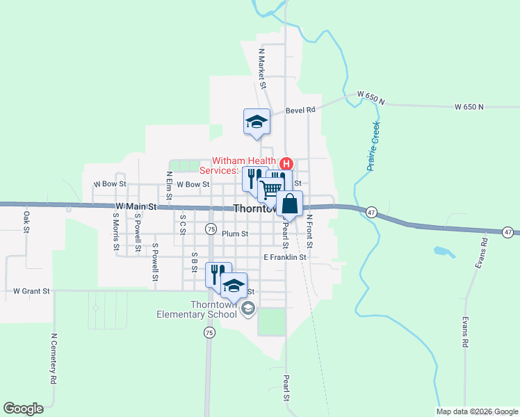 map of restaurants, bars, coffee shops, grocery stores, and more near in Thorntown