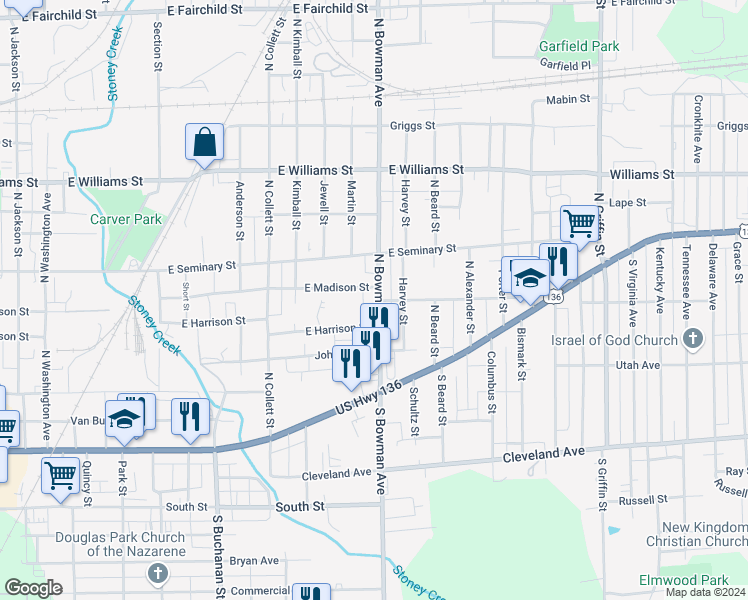 map of restaurants, bars, coffee shops, grocery stores, and more near 214 North Bowman Avenue in Danville