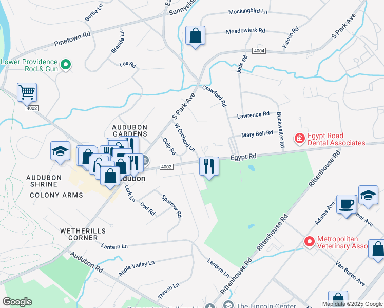 map of restaurants, bars, coffee shops, grocery stores, and more near 7 West Orchard Lane in Eagleville
