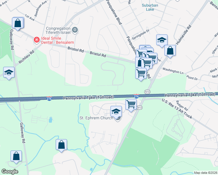 map of restaurants, bars, coffee shops, grocery stores, and more near 2661 Woodsview Drive in Bensalem