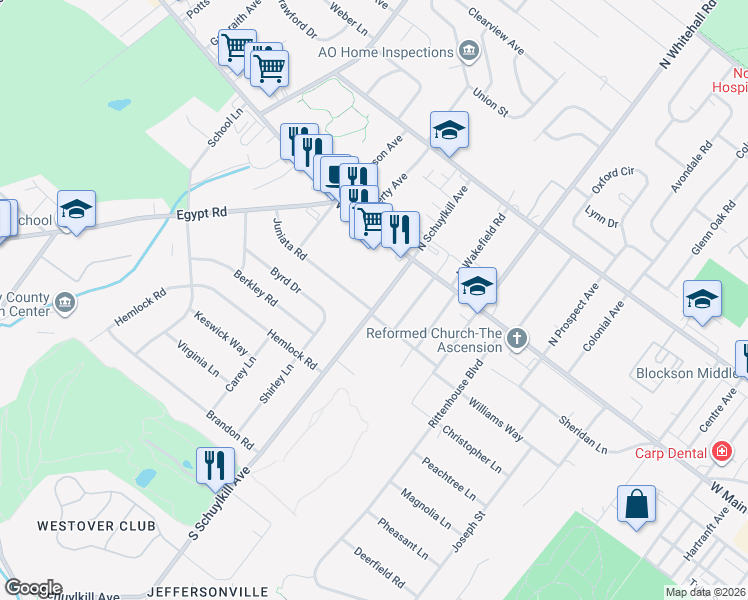 map of restaurants, bars, coffee shops, grocery stores, and more near 29 South Schuylkill Avenue in Eagleville
