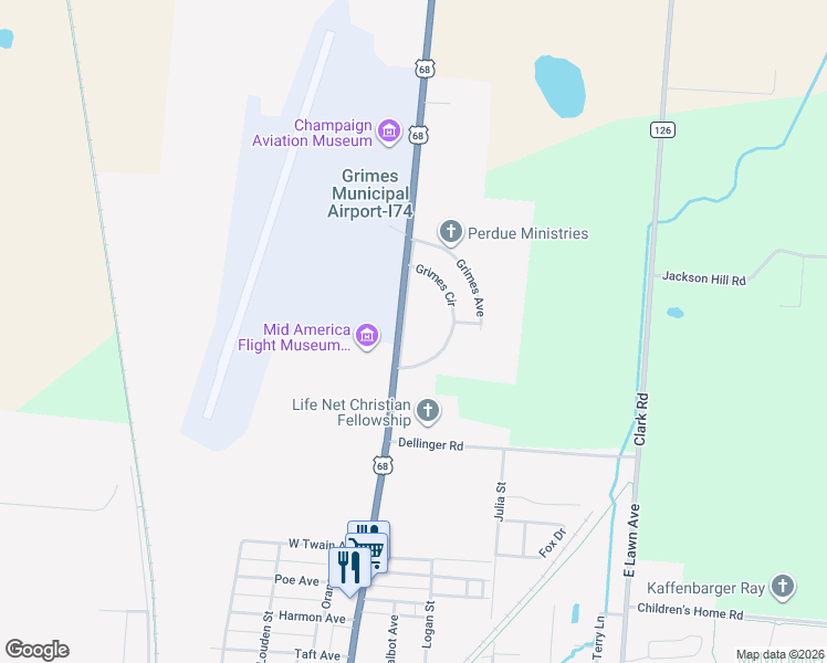 map of restaurants, bars, coffee shops, grocery stores, and more near 1441 North Main Street in Urbana