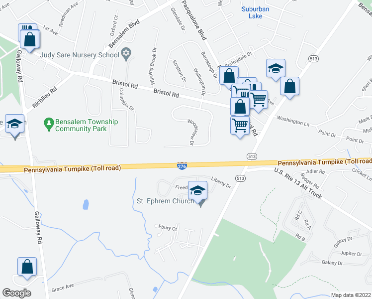 map of restaurants, bars, coffee shops, grocery stores, and more near 2667 Woodsview Drive in Bensalem